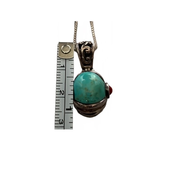 Vtg Oval Turquoise Pendant w/Red Coral Accents on Sterling Silver Chain - Picture 3 of 4